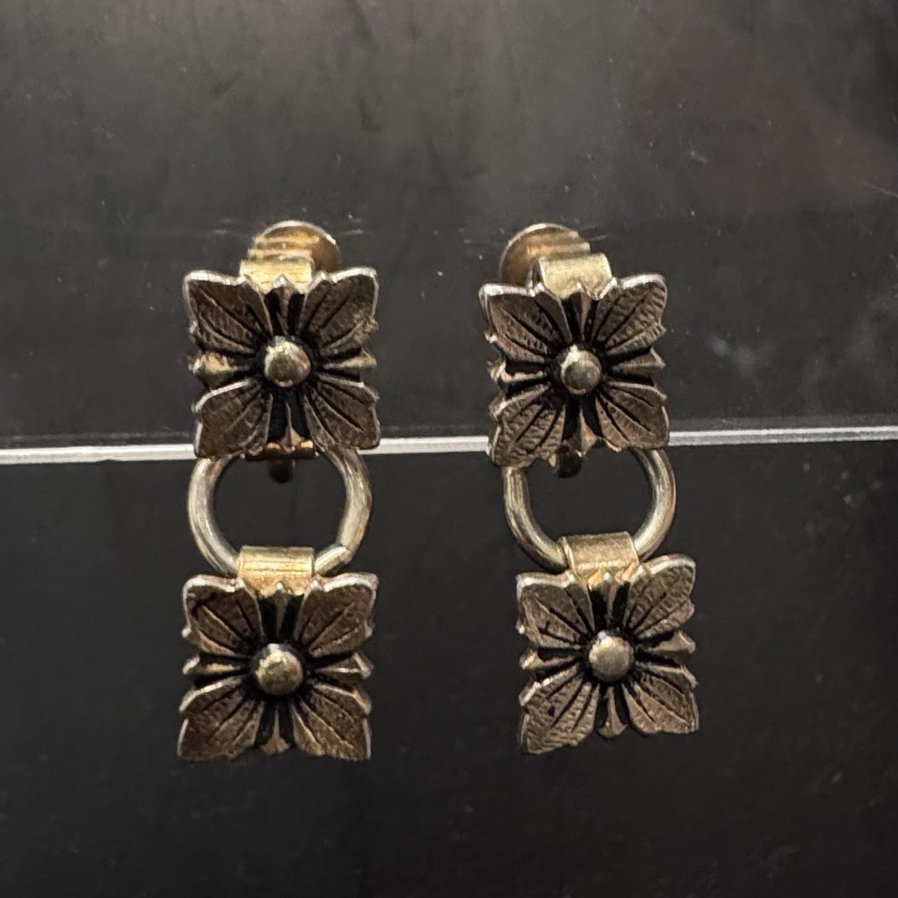 Vintage Screw Back Dangle Floral Earrings Bronze Tone‎ w Silver Costume Jewelry
